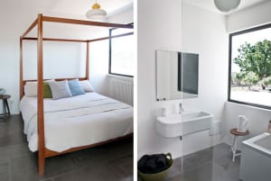 Bedroom and bathroom in Casa Cireali, new build holiday house in Puglia